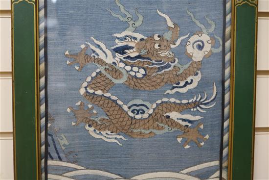 A Chinese kossu silk dragon panel, 68 x 30cm